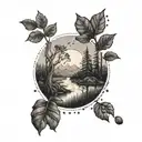 A dotwork tattoo of a winding river cutting through a dense forest with a coffee bean plant growing on its banks tattoo design idea