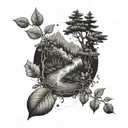A dotwork tattoo of a winding river cutting through a dense forest with a coffee bean plant growing on its banks tattoo design idea