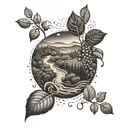 A dotwork tattoo of a winding river cutting through a dense forest with a coffee bean plant growing on its banks tattoo design idea