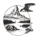 A dotwork tattoo of a mountain landscape with a silhouette of a fisherman casting a line into a tranquil lake tattoo design idea