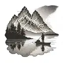 A dotwork tattoo of a mountain landscape with a silhouette of a fisherman casting a line into a tranquil lake tattoo design idea
