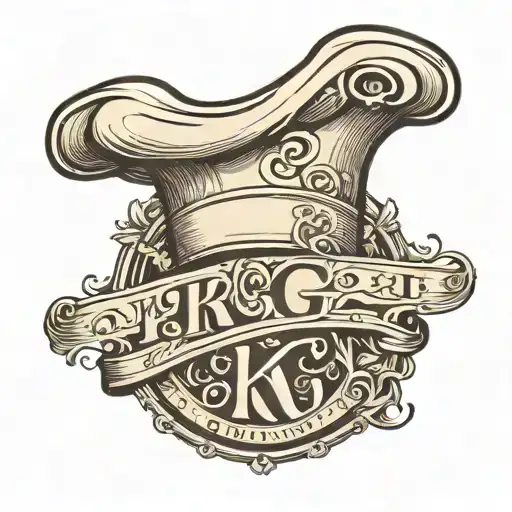  a stylized chef hat hovering above the K.G. initials, with Well Done curved beneath them  tattoo design idea