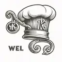  a stylized chef hat hovering above the K.G. initials, with "Well Done" curved beneath them  tattoo design idea