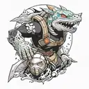 Full sleeve ideas with pictures: The person is of cambodian descent, likes paintball, likes vdragonball z, likes Pikachu tattoo design idea