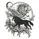 A black an white tattoo with an eagle flying a wolf in the woods and a lion roaring in a full moon tattoo design idea