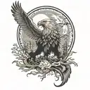 A black an white tattoo with an eagle flying a wolf in the woods and a lion roaring in a full moon tattoo design idea