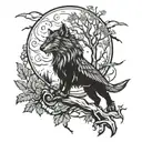 A black an white tattoo with an eagle flying a wolf in the woods and a lion roaring in a full moon tattoo design idea