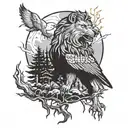A black an white tattoo with an eagle flying a wolf in the woods and a lion roaring in a full moon tattoo design idea