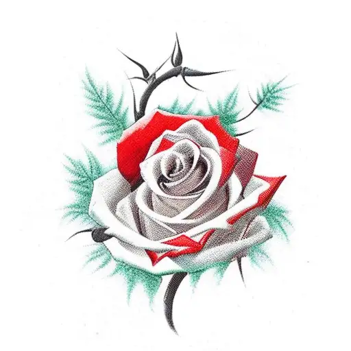 Red and black roses with thorns growing from a red heart. The heart is bloody an tattoo design idea