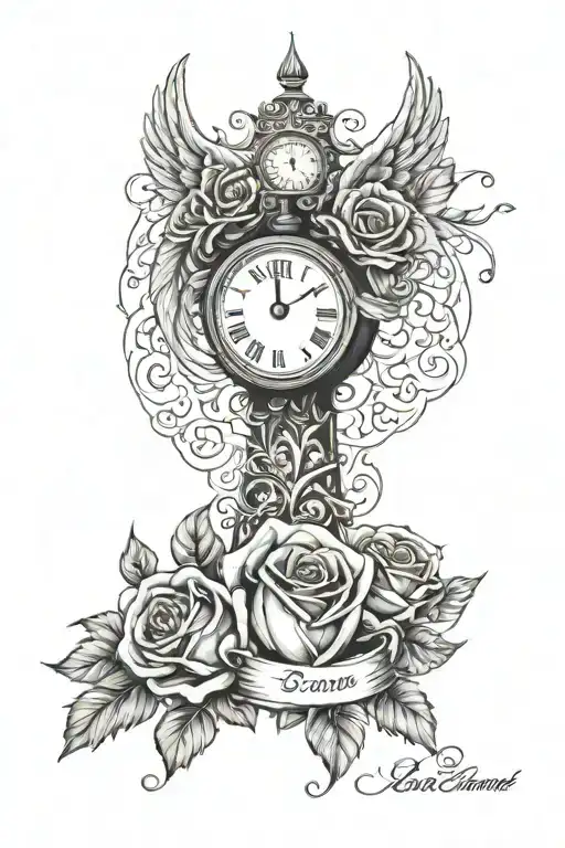 angel wings and below a clock and below that a rose and on the wool a lettering that says "destined for success" tattoo design idea