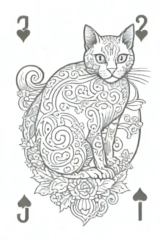 playing card with j and heart as the number and a black cat as the centre picture. vintage fine line style tattoo design idea