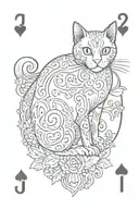 playing card with j and heart as the number and a black cat as the centre picture. vintage fine line style tattoo design idea