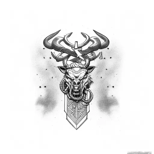 Minotaur and axe and Viking and chains and cross tattoo design idea