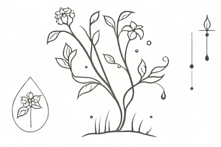 A minimalist raindrop design incorporating elements of nature like trees and flowers tattoo design idea