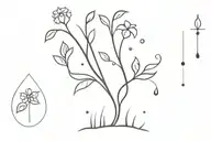 A minimalist raindrop design incorporating elements of nature like trees and flowers tattoo design idea