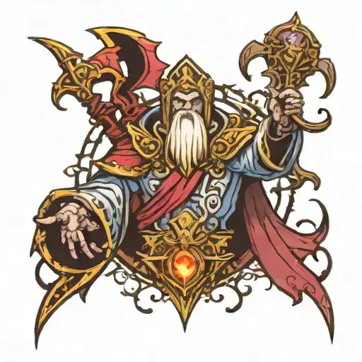 world of Warcraft priest battling warlock symbol blended tattoo design idea