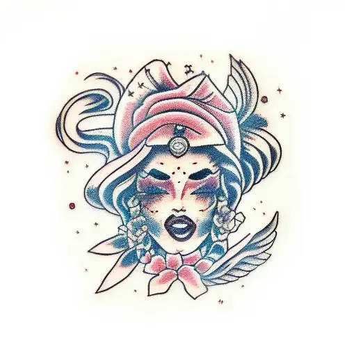 female gardian angle samuri sakura tattoo design idea