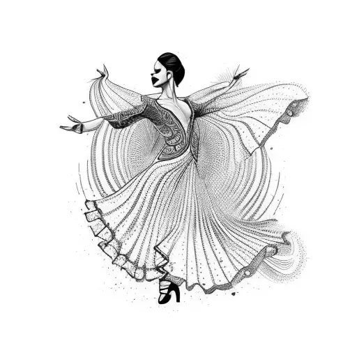 A vibrant flamenco dancer in traditional Spanish attire, gracefully twirling tattoo design idea