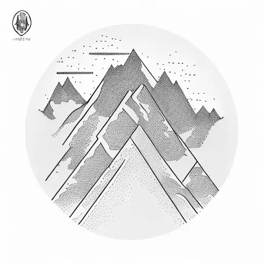A majestic mountain peak surrounded by lush trees and a winding hiking trail tattoo design idea