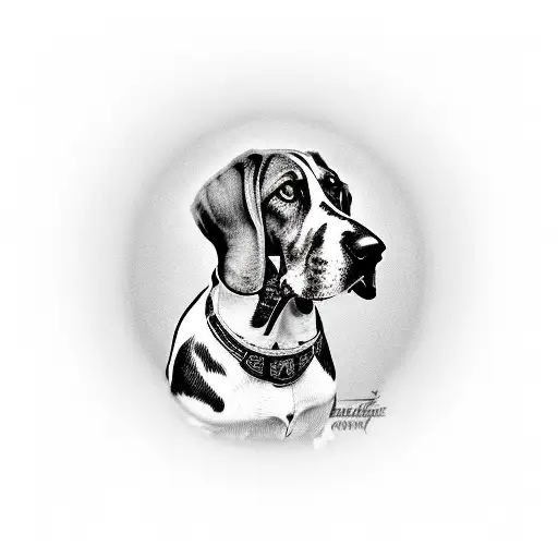 A realistic portrait of a Basset Hound wearing a Yugioh-themed collar tattoo design idea