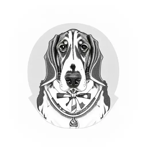 A realistic portrait of a Basset Hound wearing a Yugioh-themed collar tattoo design idea