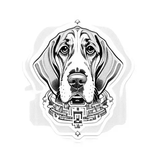 A realistic portrait of a Basset Hound wearing a Yugioh-themed collar tattoo design idea