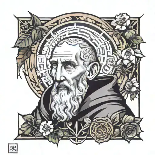 Neotraditional portrait of Saint Benedict surrounded by symbols of agriculture tattoo design idea