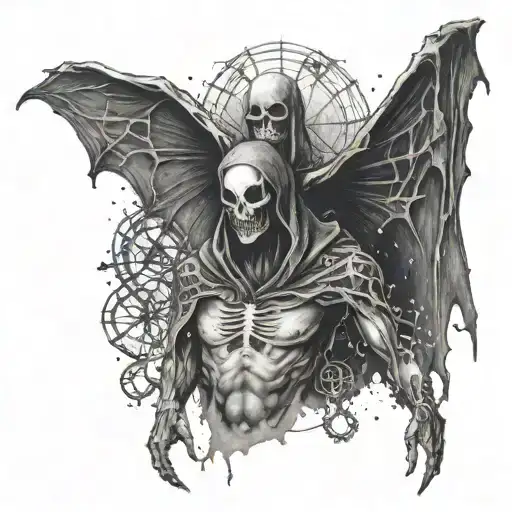 A dotwork tattoo of a haunting ghostly figure surrounded by symbols of fear, like spiders or bats tattoo design idea