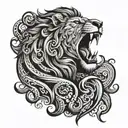 A lion roaring in the darkness, surrounded by swirling patterns of fear tattoo design idea
