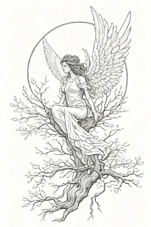 Angel's wings with a halo sitting on top, over a Willow tree with deep root tattoo design idea