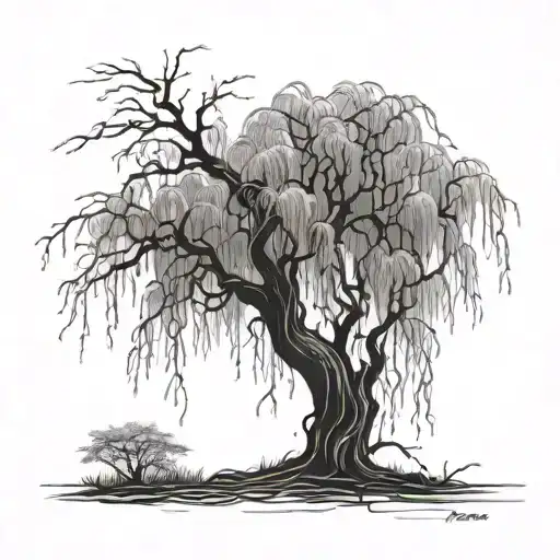 A weeping willow for my daughter Willow with clearly visible roots, nourished by falling stars tattoo design idea