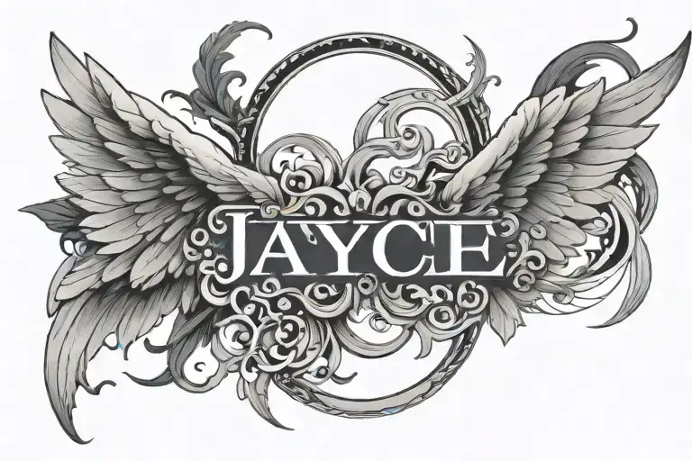 The name “Jayce” is transformed into a calligram to form an angel with a halo and wings, in a minimalist style. tattoo design idea