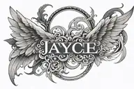 The name “Jayce” is transformed into a calligram to form an angel with a halo and wings, in a minimalist style. tattoo design idea
