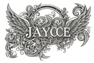 The name “Jayce” is transformed into a calligram to form an angel with a halo and wings, in a minimalist style. tattoo design idea