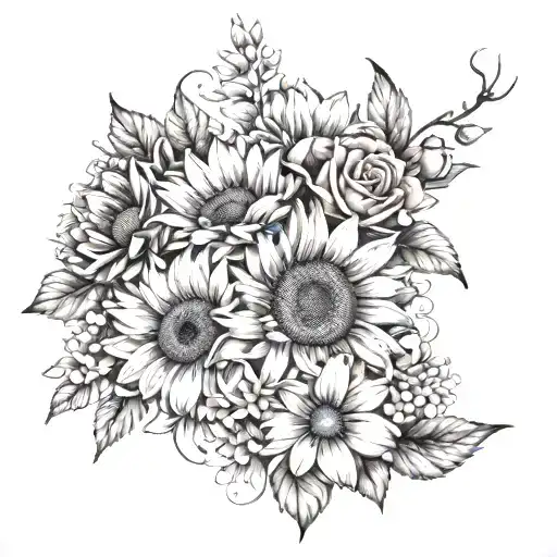 A bouquet of gerber daisies, roses, sunflowers, and cherry blossoms intertwined to represent the client's favorite flowers tattoo design idea