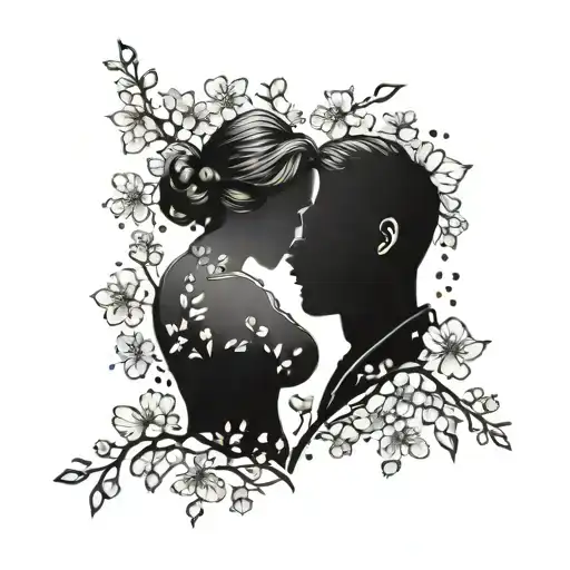 A tattoo of a husband and wife silhouette surrounded by cherry blossom petals, symbolizing eternal love and beauty tattoo design idea