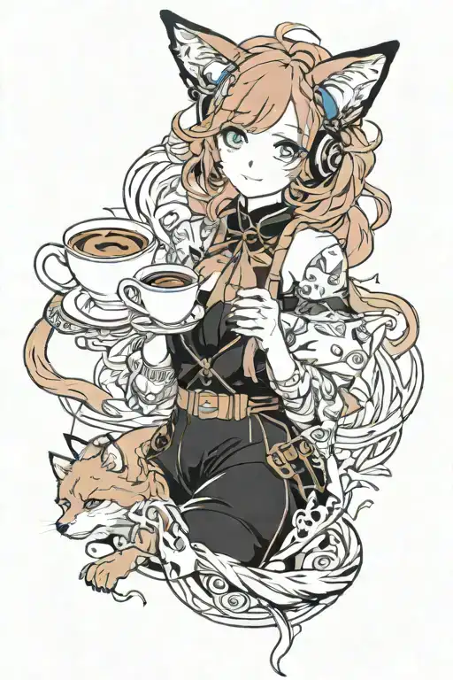 girl with cat ears, red hair, blue eyes, coffee in hand, fox nearby tattoo design idea