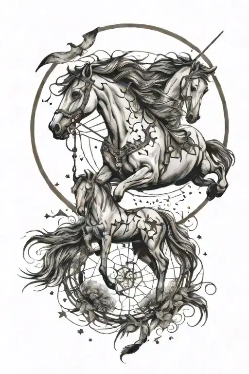  wild horses dream catcher moon and stars forming tattoo design idea