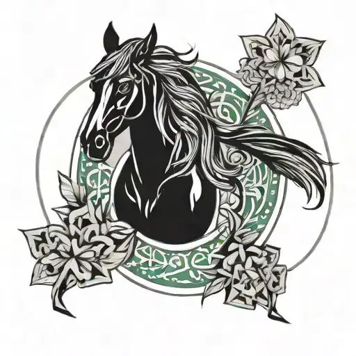 Horse horseshoe clover and three-leaf black next to it tattoo design idea