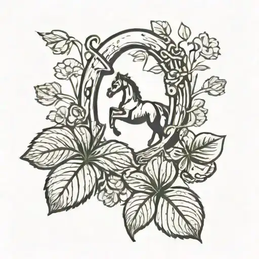 Horse horseshoe clover and three-leaf black next to it tattoo design idea