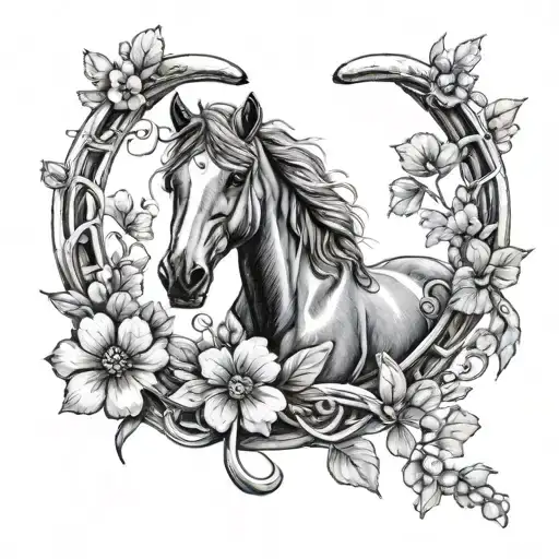 Horse horseshoe clover and three-leaf black next to it tattoo design idea