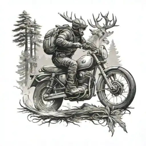 A detailed scene of a hunter on a motorcycle chasing after a deer through the forest tattoo design idea