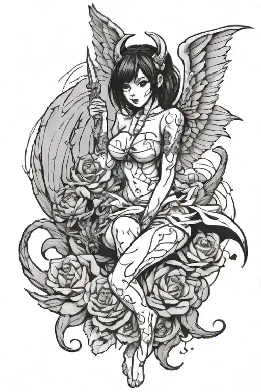  black and white tattoo of a feminine sexy devil angel tattoo design idea