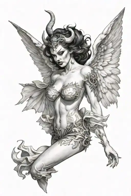  black and white tattoo of a feminine sexy devil angel tattoo design idea