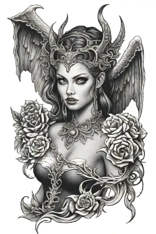 black and white tattoo of a feminine sexy devil angel with a tempting look  tattoo design idea