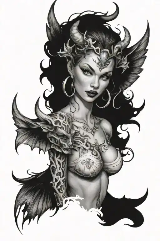black and white tattoo of a feminine sexy devil angel with a tempting look  tattoo design idea