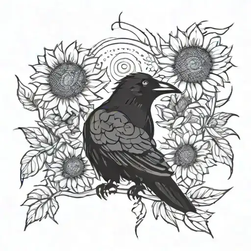crows and sunflowers minimalist tattoo design idea