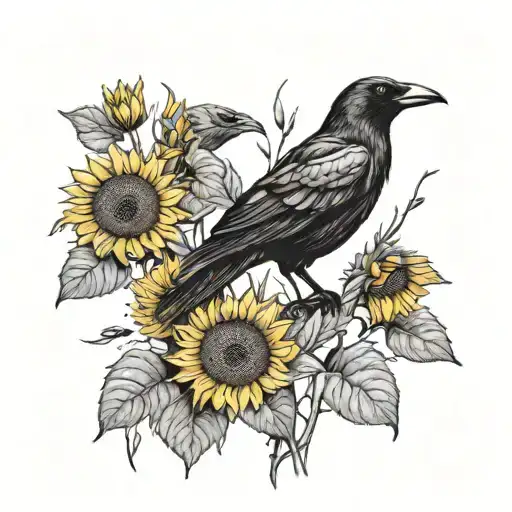 crows and sunflowers minimalist tattoo design idea