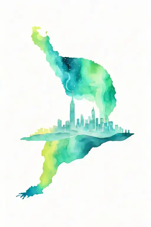 Aurora borealis behind the Labyrinth atop Lands End with the San Francisco skyline and EDM music coming out of it tattoo design idea