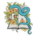 A tattoo design featuring a book with intricate illustrations coming to life, surrounded by vibrant flowers and a snake weaving through the pages tattoo design idea
